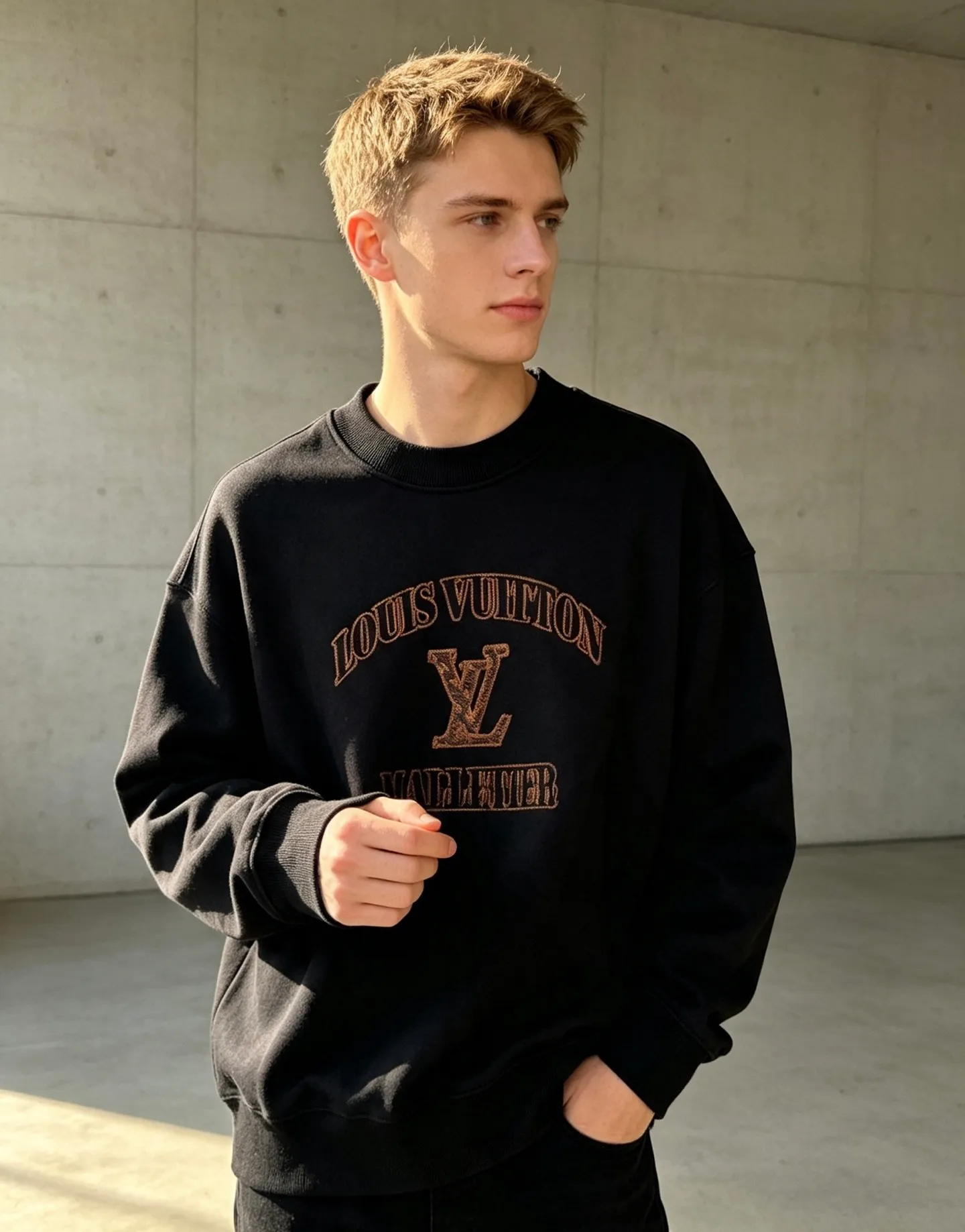 Louis Vuitton/Louis Vuitton leather label letter embroidered crew neck sweatshirt